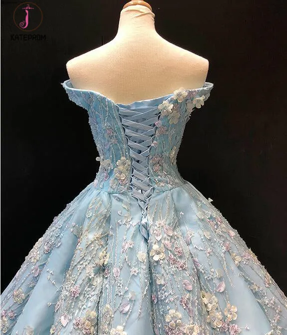 Light Blue Off the Shoulder Ball Gown Quinceanera Dress, Senior Lace Prom Dresses KPP0790