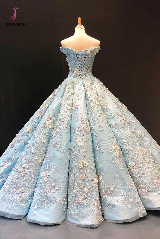 Light Blue Off the Shoulder Ball Gown Quinceanera Dress, Senior Lace Prom Dresses KPP0790