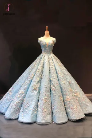 Light Blue Off the Shoulder Ball Gown Quinceanera Dress, Senior Lace Prom Dresses KPP0790