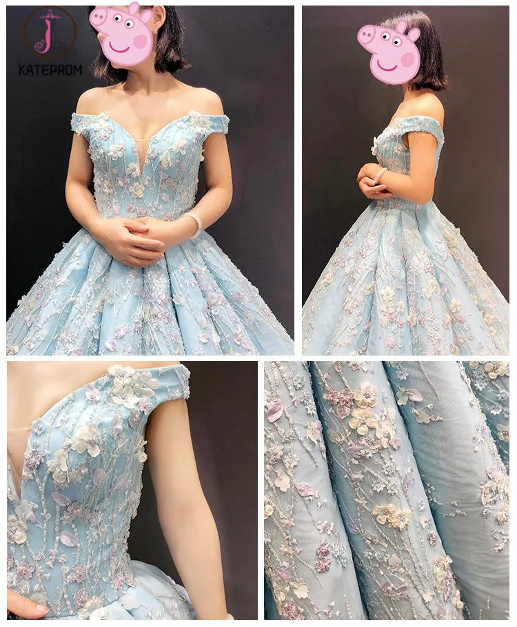 Light Blue Off the Shoulder Ball Gown Quinceanera Dress, Senior Lace Prom Dresses KPP0790
