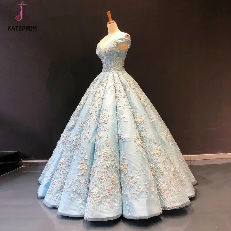 Light Blue Off the Shoulder Ball Gown Quinceanera Dress, Senior Lace Prom Dresses KPP0790
