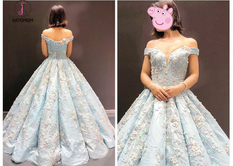Light Blue Off the Shoulder Ball Gown Quinceanera Dress, Senior Lace Prom Dresses KPP0790