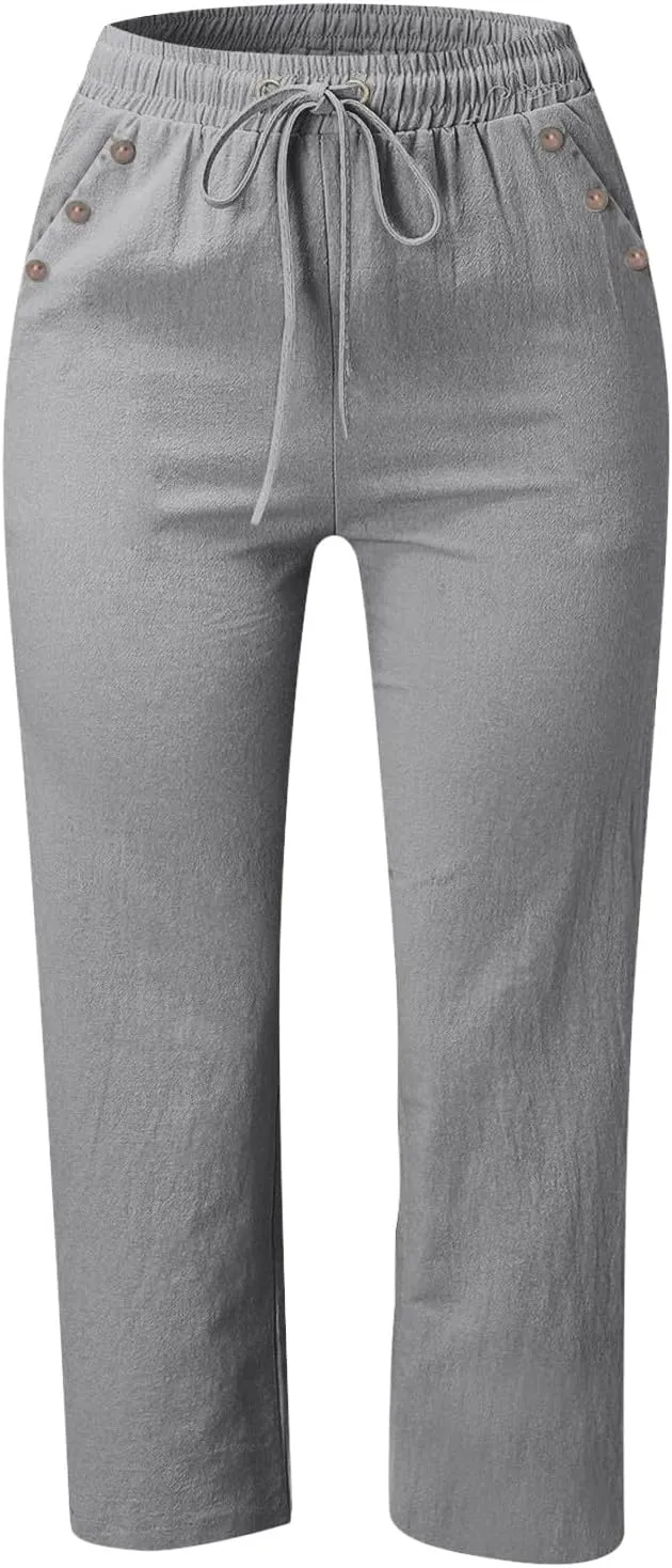 Linen Pant for Women Casual Summer Pants Solid Color Linen Blend 7/8 Pants Loose Fit Casual Trousers with Pockets