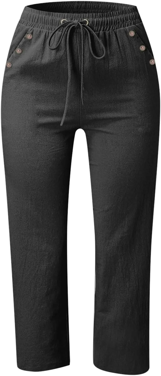 Linen Pant for Women Casual Summer Pants Solid Color Linen Blend 7/8 Pants Loose Fit Casual Trousers with Pockets