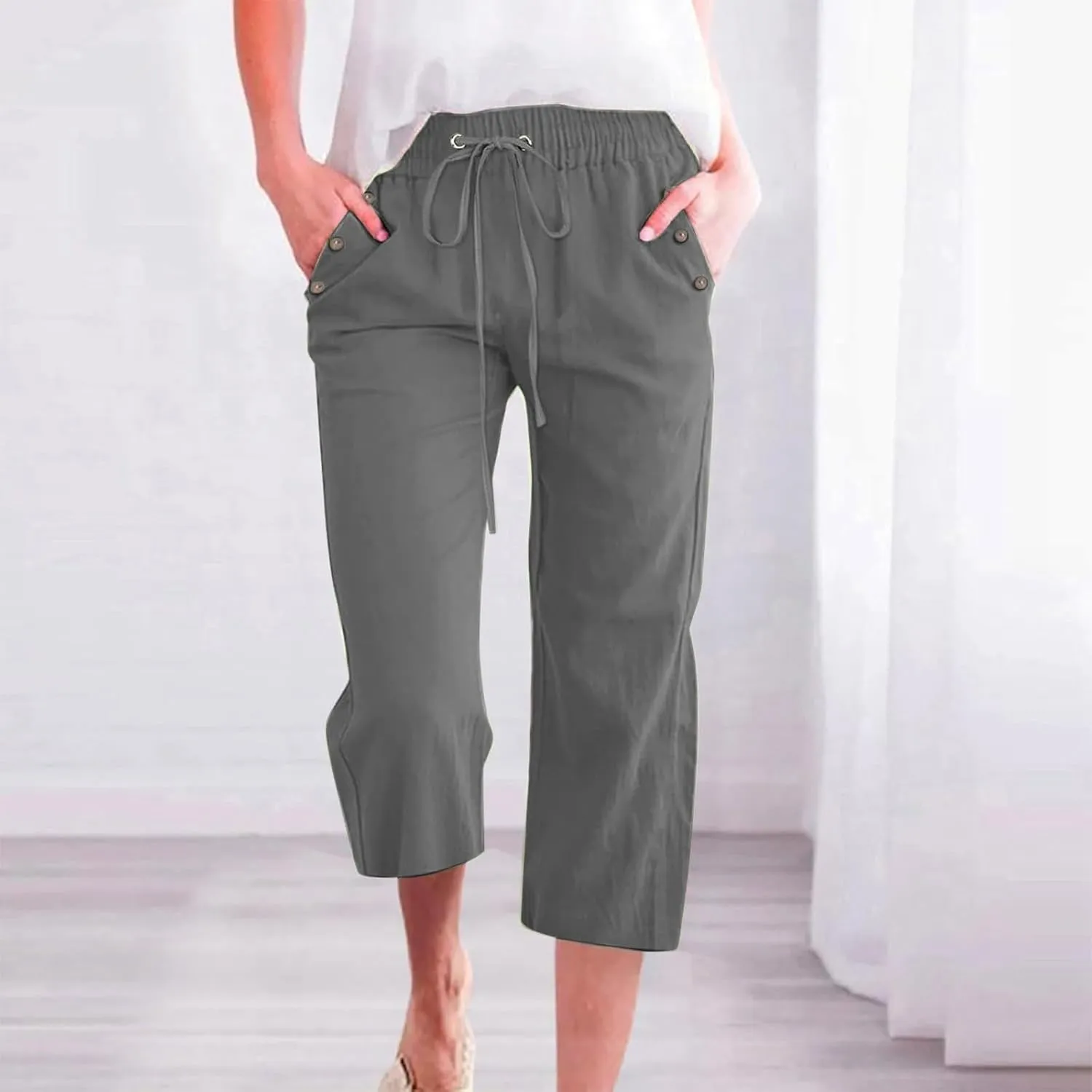 Linen Pant for Women Casual Summer Pants Solid Color Linen Blend 7/8 Pants Loose Fit Casual Trousers with Pockets