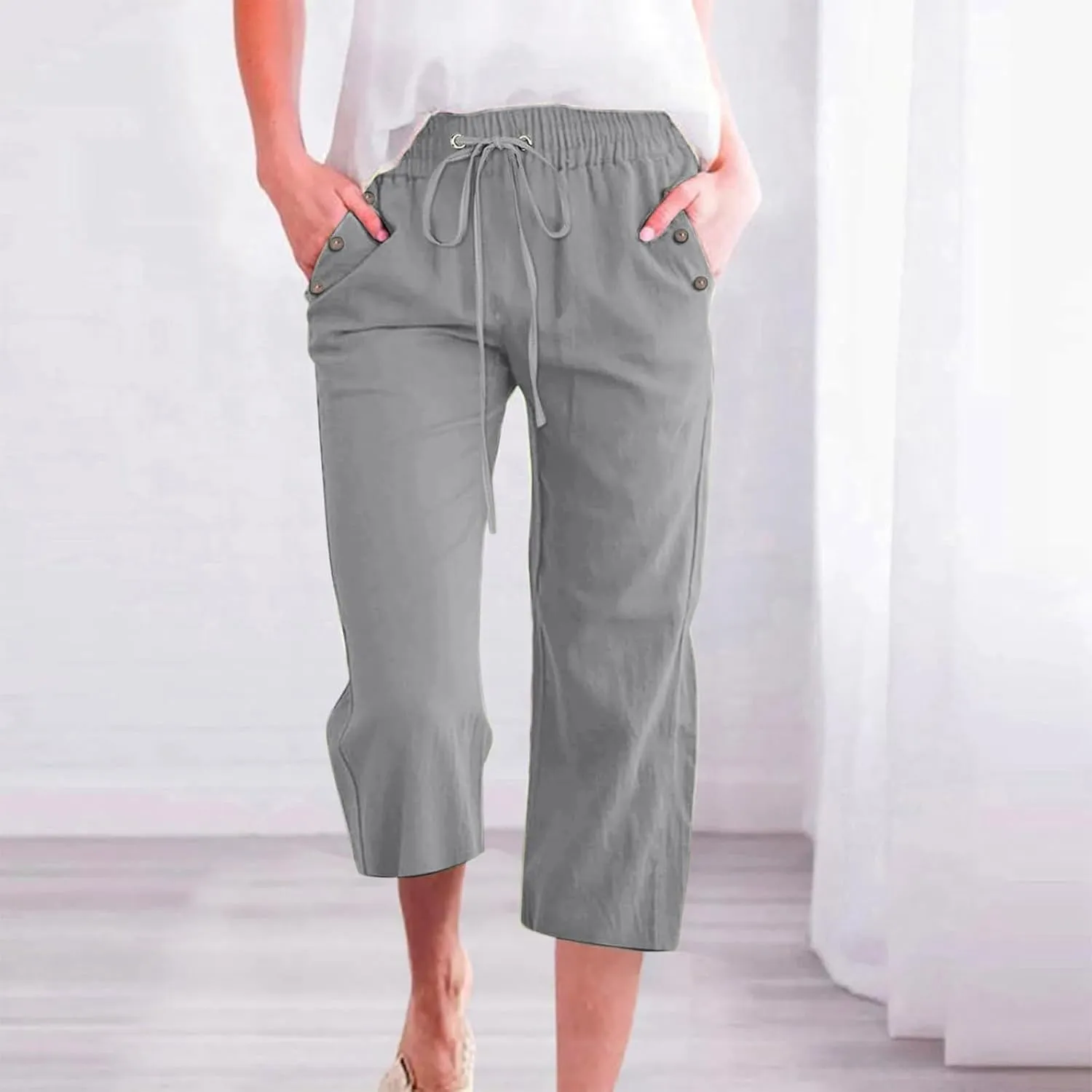 Linen Pant for Women Casual Summer Pants Solid Color Linen Blend 7/8 Pants Loose Fit Casual Trousers with Pockets