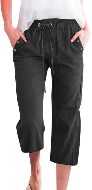Linen Pant for Women Casual Summer Pants Solid Color Linen Blend 7/8 Pants Loose Fit Casual Trousers with Pockets