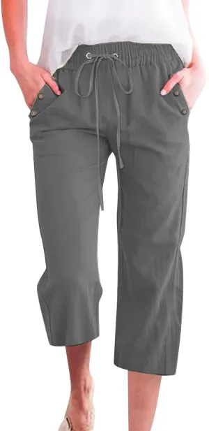 Linen Pant for Women Casual Summer Pants Solid Color Linen Blend 7/8 Pants Loose Fit Casual Trousers with Pockets