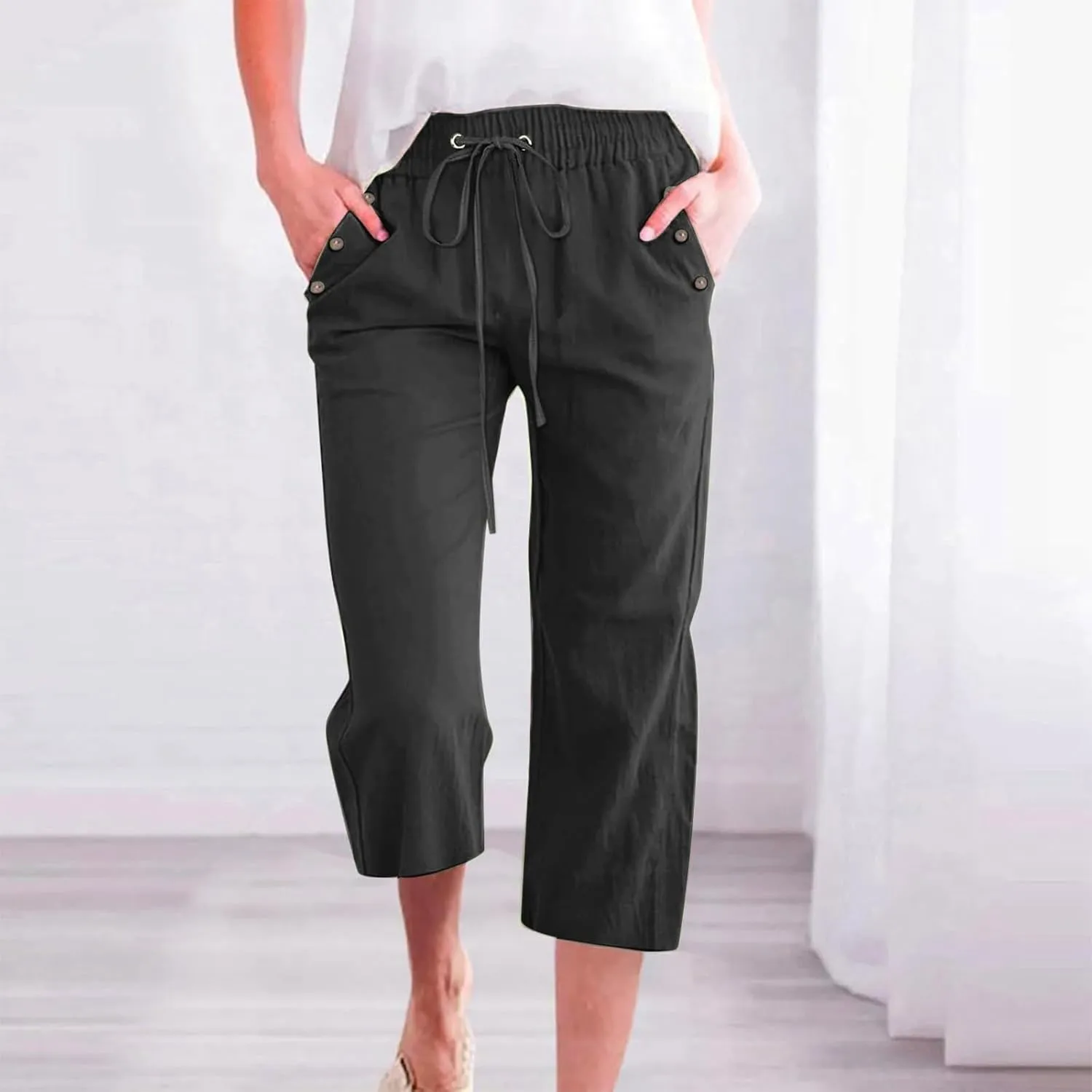 Linen Pant for Women Casual Summer Pants Solid Color Linen Blend 7/8 Pants Loose Fit Casual Trousers with Pockets