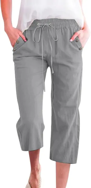 Linen Pant for Women Casual Summer Pants Solid Color Linen Blend 7/8 Pants Loose Fit Casual Trousers with Pockets