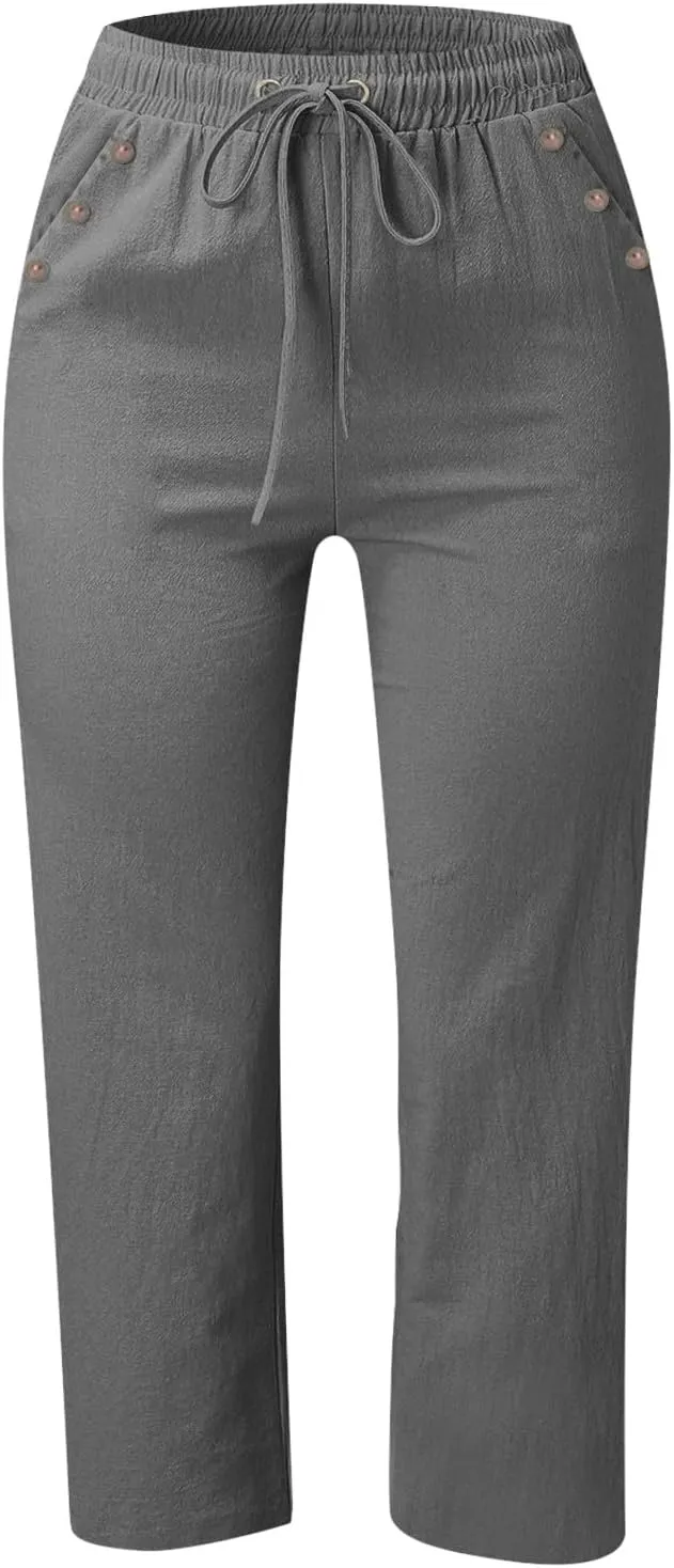 Linen Pant for Women Casual Summer Pants Solid Color Linen Blend 7/8 Pants Loose Fit Casual Trousers with Pockets