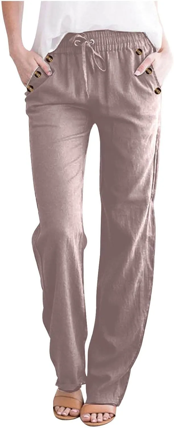 Lmdudan 2 Pc Linen Pants Women Cotton Linen Straight Leg Lightweight Pants 2025 Summer Beach Pants Women's Loose Fit Trousers