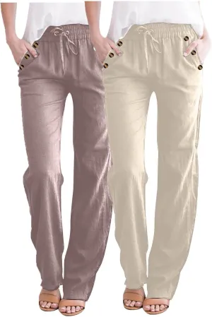 Lmdudan 2 Pc Linen Pants Women Cotton Linen Straight Leg Lightweight Pants 2025 Summer Beach Pants Women's Loose Fit Trousers
