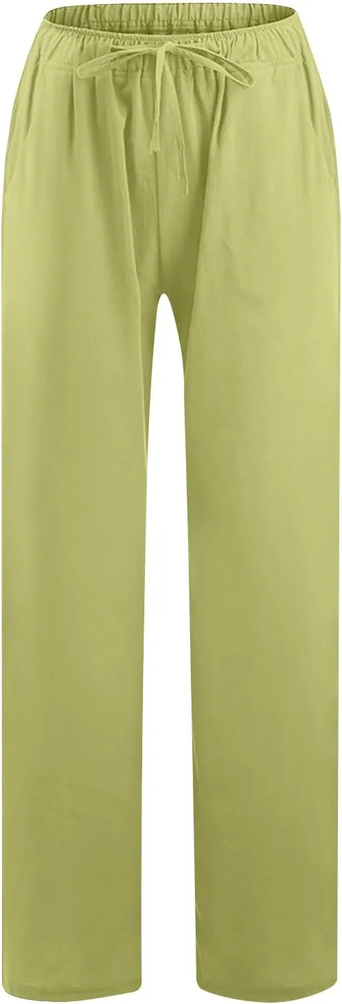 Lmdudan 2025 Womens Casual Linen High Waist Pants Drawstring Loose Fit Summer Pants Comfy Dressy Trousers with Pockets