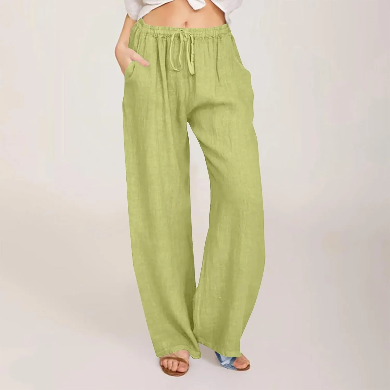 Lmdudan 2025 Womens Casual Linen High Waist Pants Drawstring Loose Fit Summer Pants Comfy Dressy Trousers with Pockets