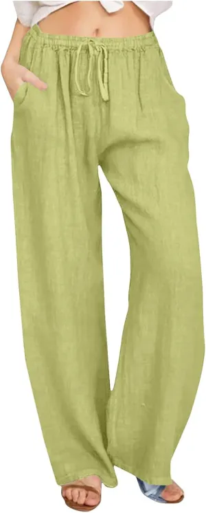 Lmdudan 2025 Womens Casual Linen High Waist Pants Drawstring Loose Fit Summer Pants Comfy Dressy Trousers with Pockets