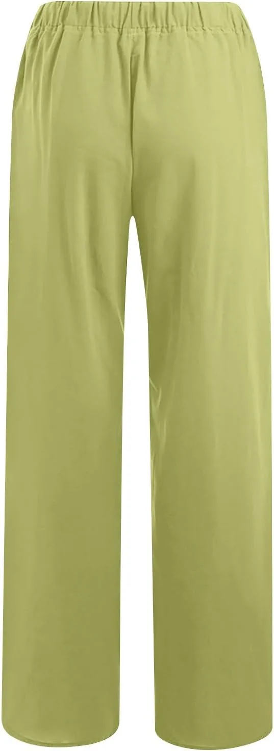 Lmdudan 2025 Womens Casual Linen High Waist Pants Drawstring Loose Fit Summer Pants Comfy Dressy Trousers with Pockets