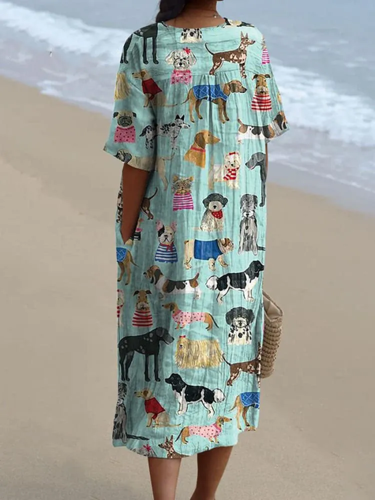 Lovely Puppy Dogs Pattern Printed Women's Flowy Dress