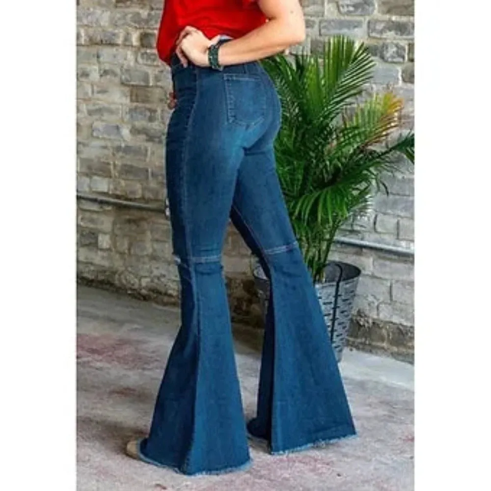 Lucky & Blessed Dark Wash High Rise Flare Ripped Knee Jeans