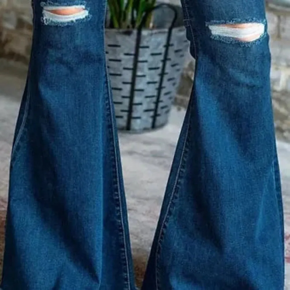 Lucky & Blessed Dark Wash High Rise Flare Ripped Knee Jeans