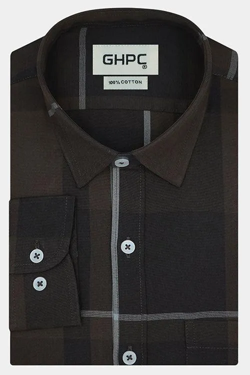 Men's 100% Cotton Big Checkered Full Sleeves Shirt (Brown)