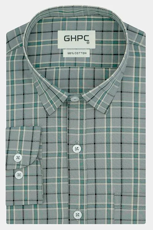 Men's 100% Cotton Dupplin Checkered Full Sleeves Shirt (Grey)