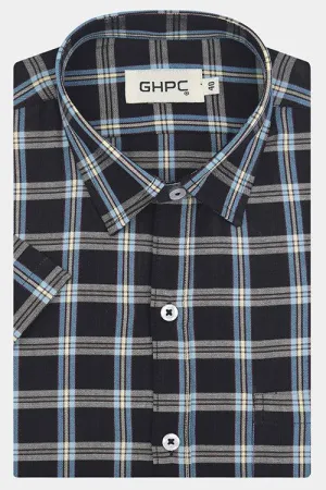Men's 100% Cotton Half Sleeves Grid Tattersall Checkered Shirt (Black)