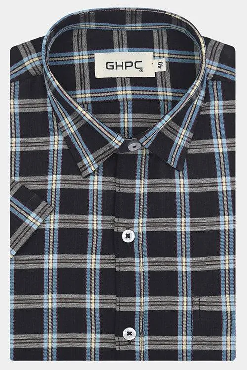 Men's 100% Cotton Half Sleeves Grid Tattersall Checkered Shirt (Black)