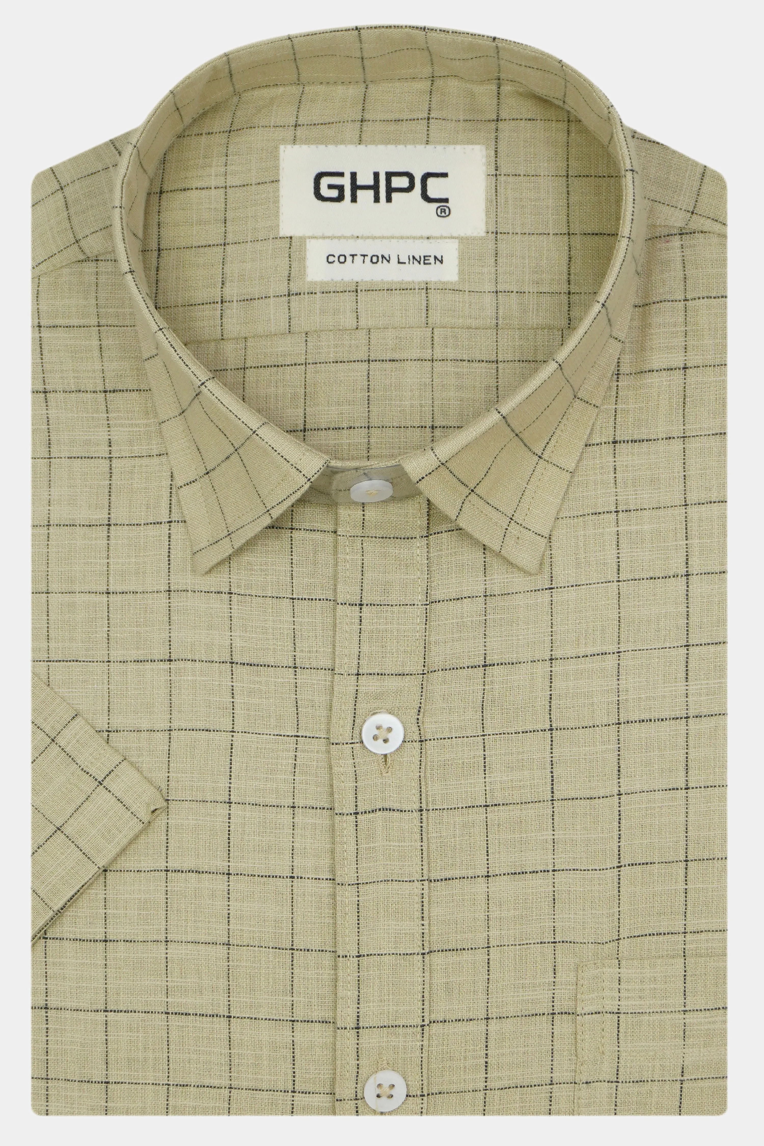Men's Cotton Linen Checkered Half Sleeves Shirt (Khaki)