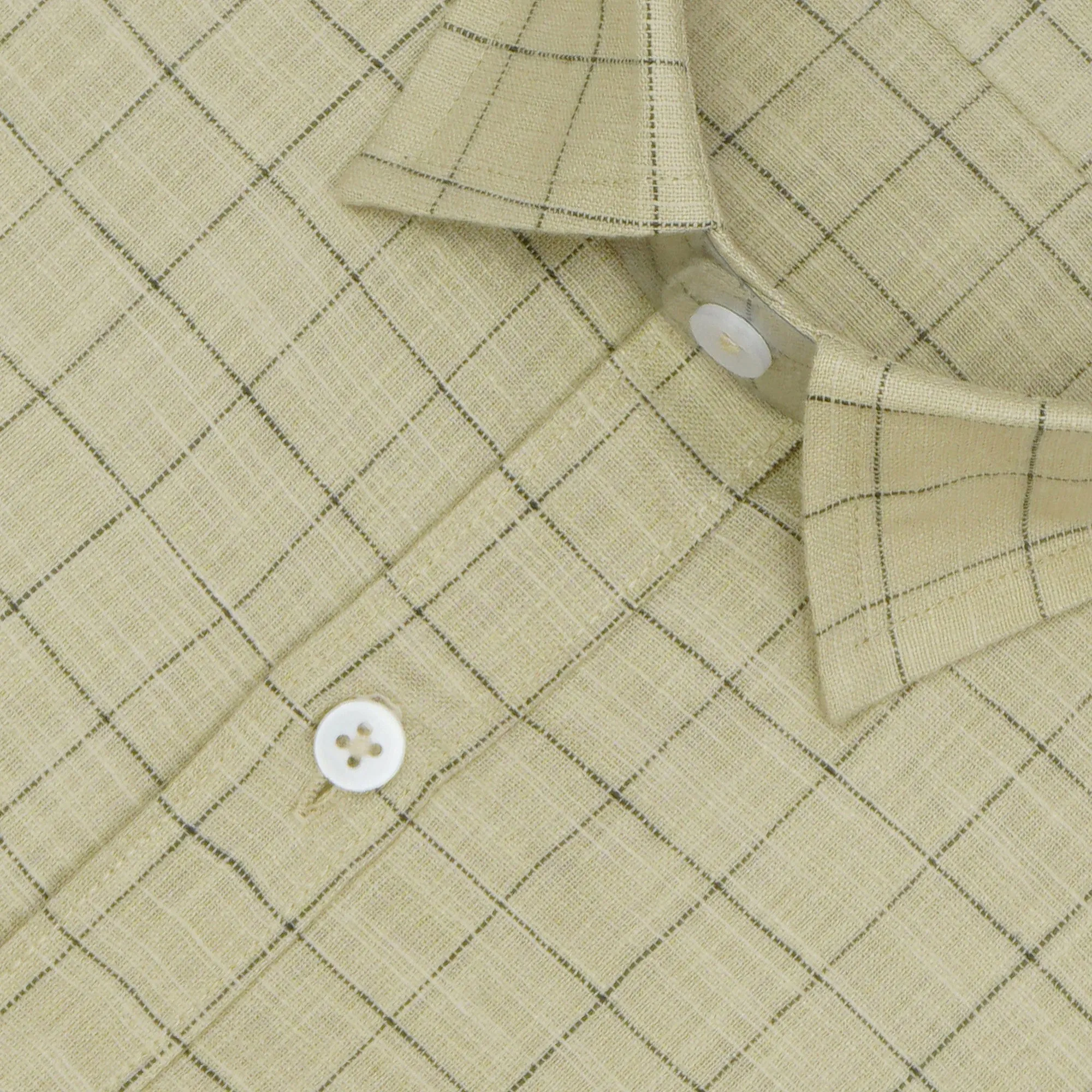 Men's Cotton Linen Checkered Half Sleeves Shirt (Khaki)