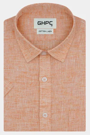 Men's Cotton Linen Plain Solid Half Sleeves Shirt (Orange)