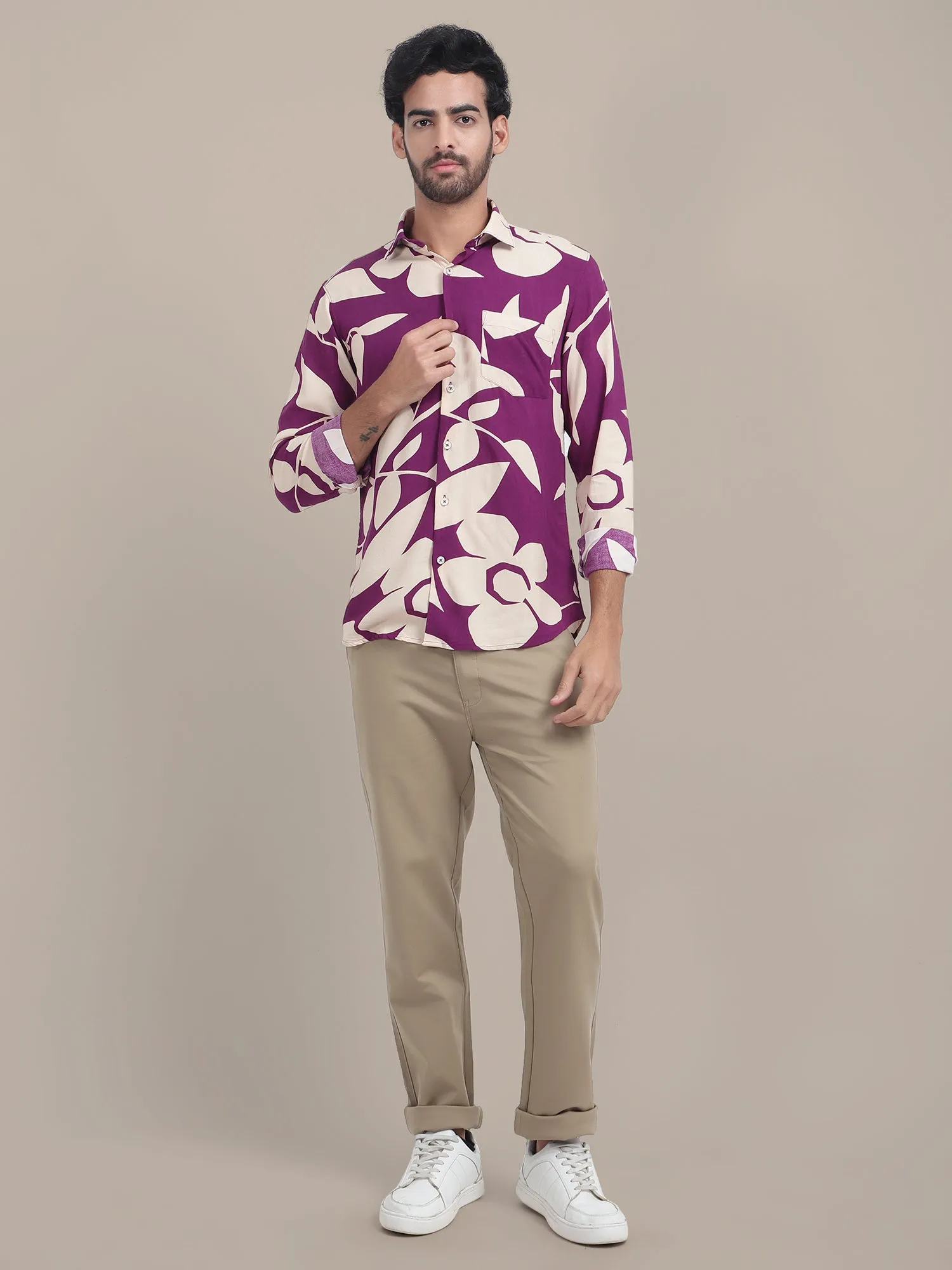 Men's Premium Rayon Shirt With Purple Floral Print