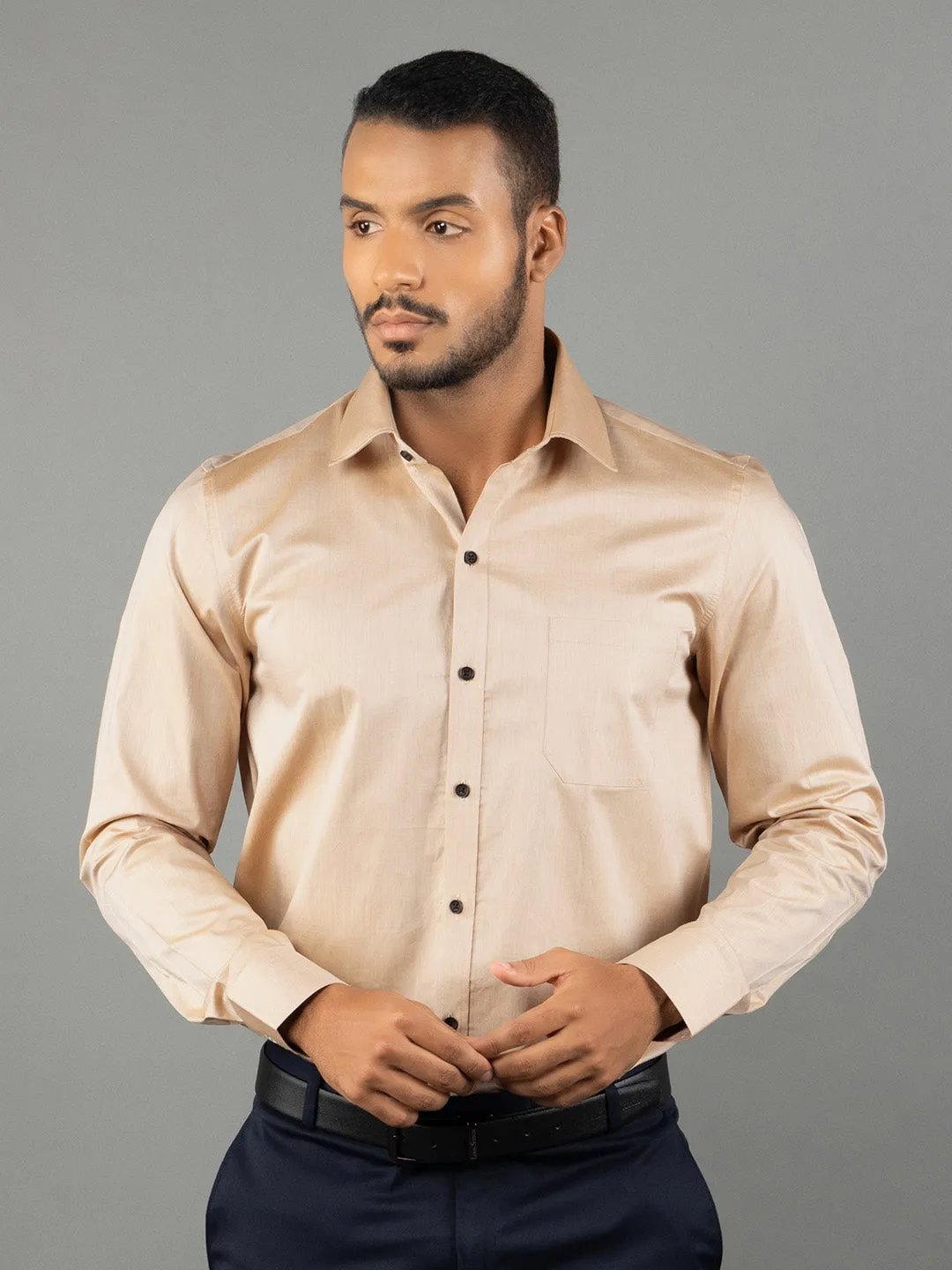 Men's Regular Fit Solid Beige Formal Shirt