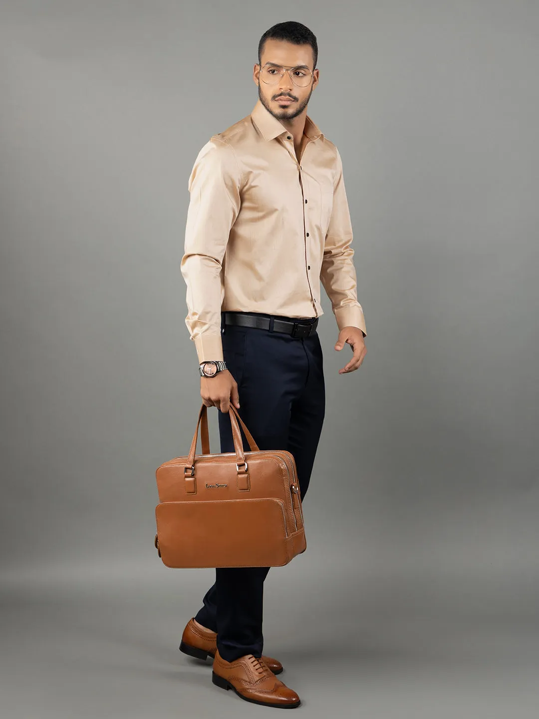 Men's Regular Fit Solid Beige Formal Shirt