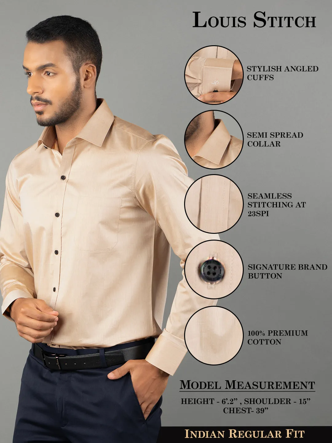 Men's Regular Fit Solid Beige Formal Shirt