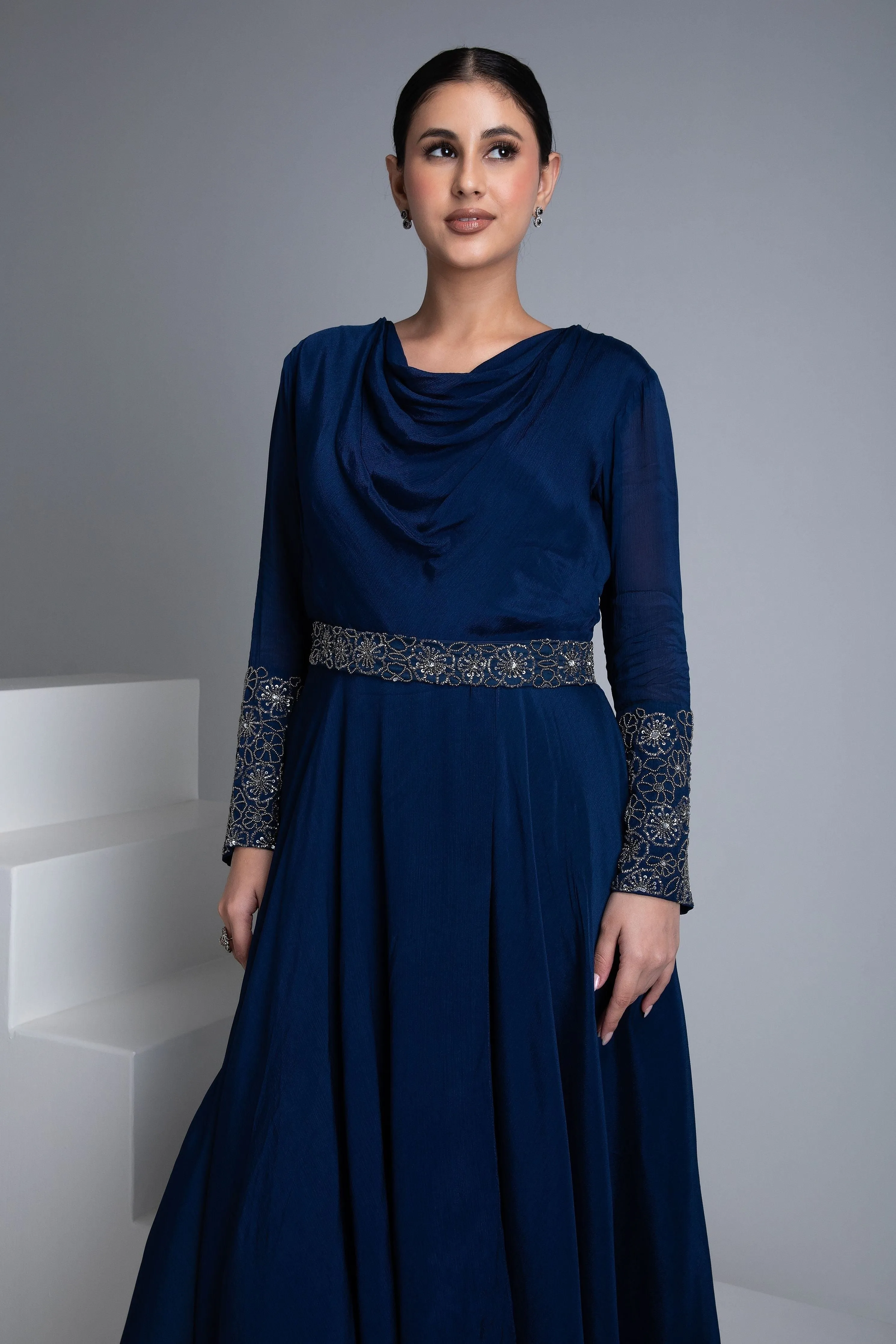 Navy Blue Georgette Flowy Gown