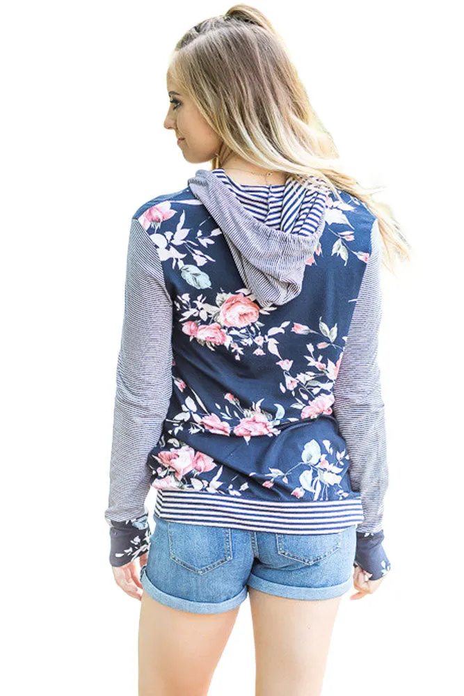Navy Pinstripe Accent Floral Print Drawstring Hoodie