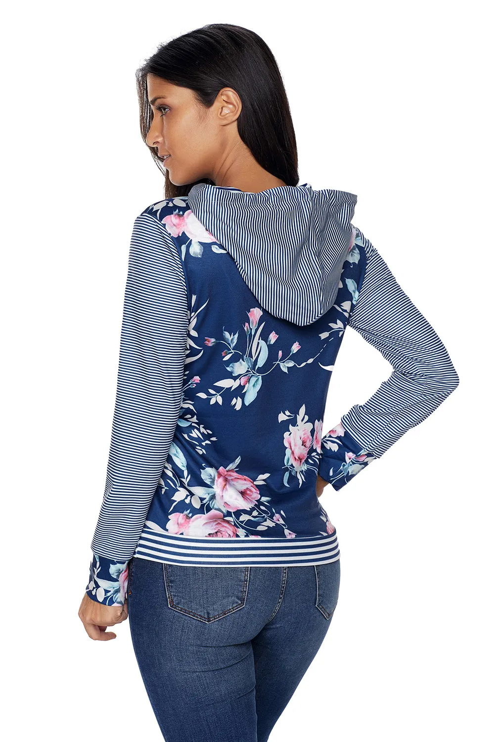 Navy Pinstripe Accent Floral Print Drawstring Hoodie