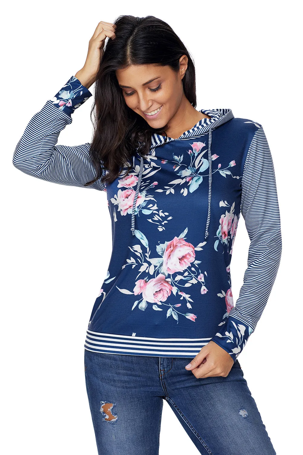 Navy Pinstripe Accent Floral Print Drawstring Hoodie
