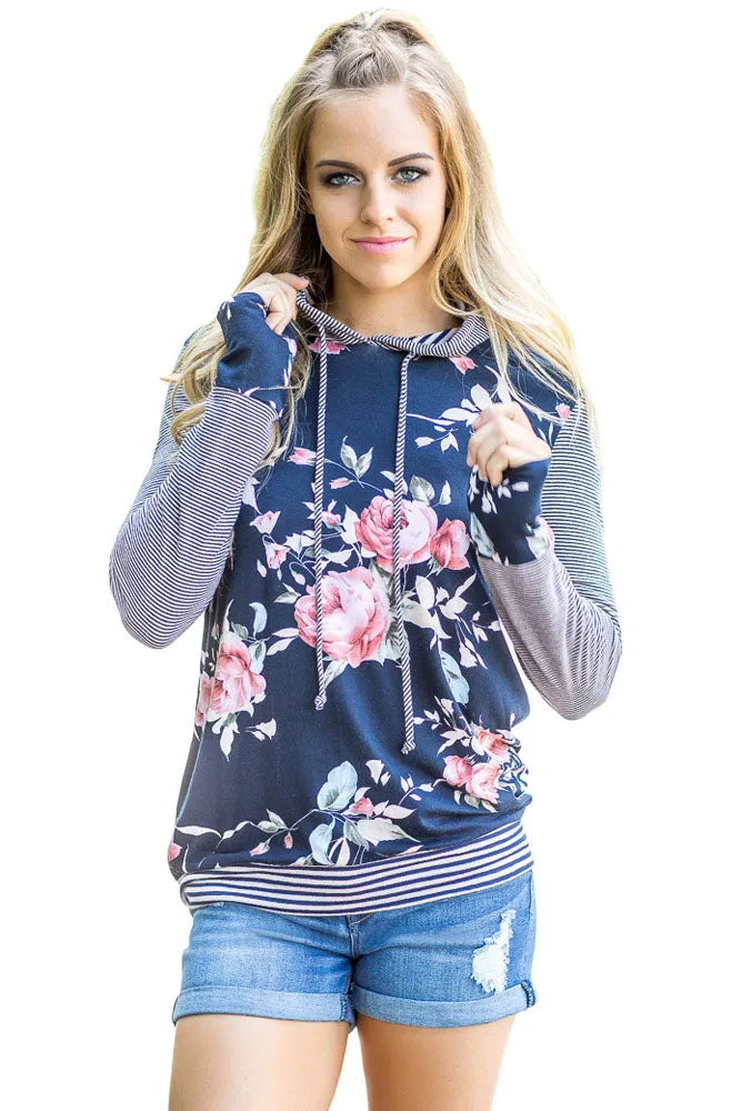 Navy Pinstripe Accent Floral Print Drawstring Hoodie