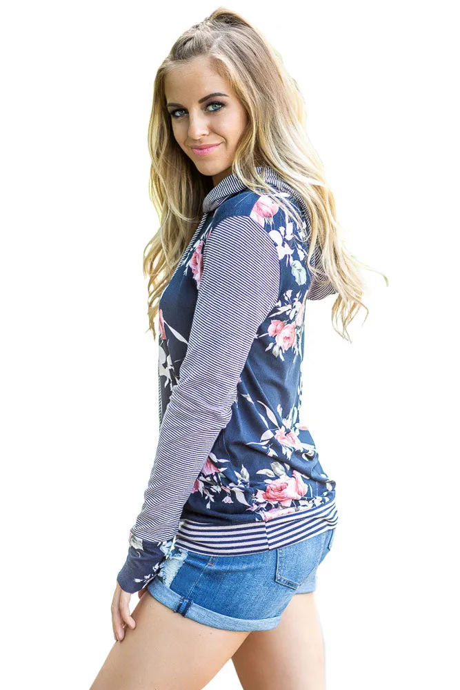Navy Pinstripe Accent Floral Print Drawstring Hoodie