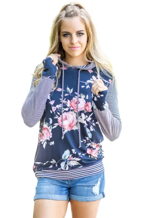 Navy Pinstripe Accent Floral Print Drawstring Hoodie