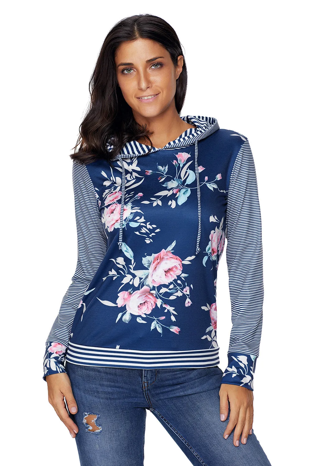 Navy Pinstripe Accent Floral Print Drawstring Hoodie