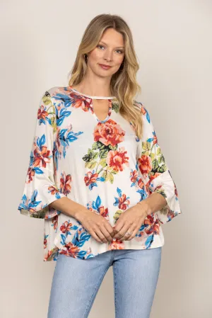 OFFWHITE ROUND KEYHOLE FLORAL PRINT BELL 3/4 SLEEVES TOP T1486
