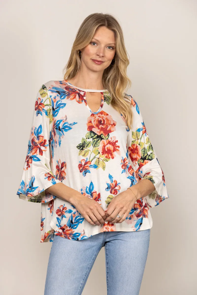 OFFWHITE ROUND KEYHOLE FLORAL PRINT BELL 3/4 SLEEVES TOP T1486