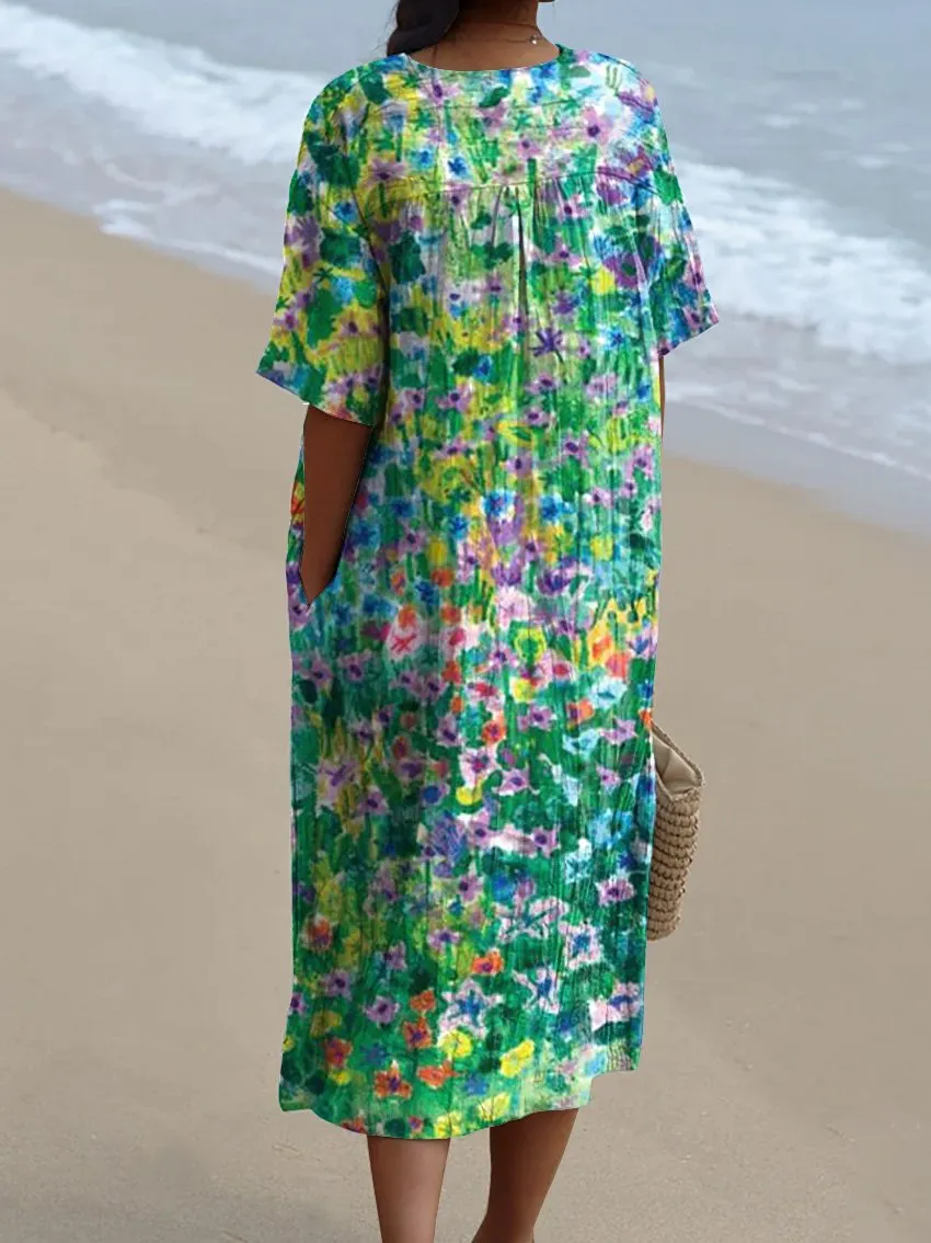 Oil Painting Summer Field Printed Women's Flowy Dress