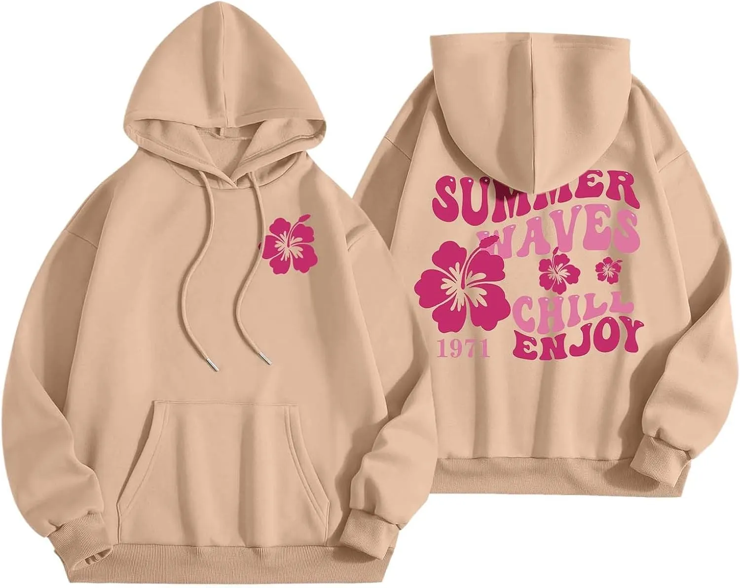 Pink Puff Hoodie For Women Oversized Summer Waves Chill Enjoy Letter Graphic Comfort Sweatshirts