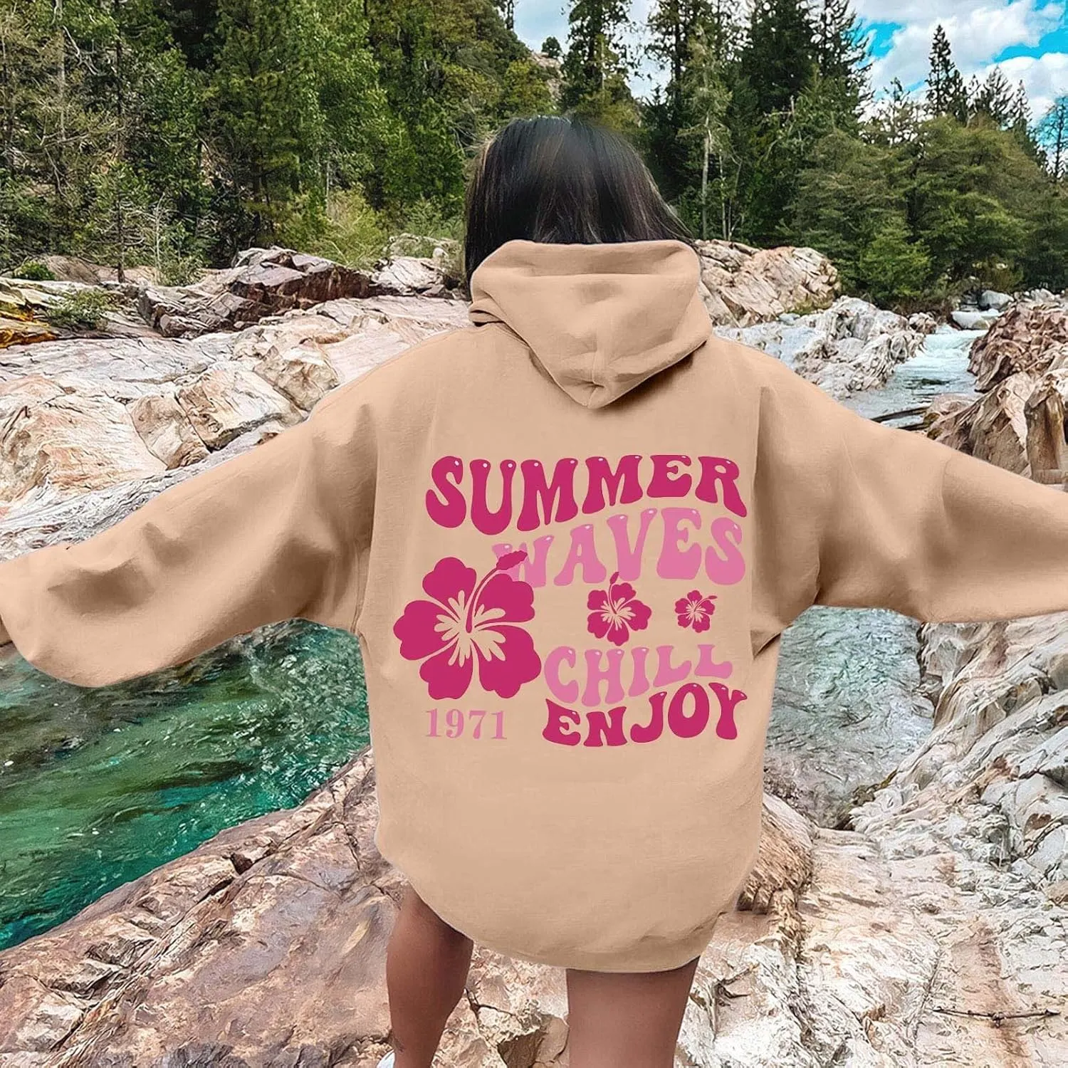 Pink Puff Hoodie For Women Oversized Summer Waves Chill Enjoy Letter Graphic Comfort Sweatshirts