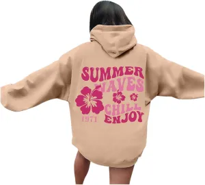 Pink Puff Hoodie For Women Oversized Summer Waves Chill Enjoy Letter Graphic Comfort Sweatshirts