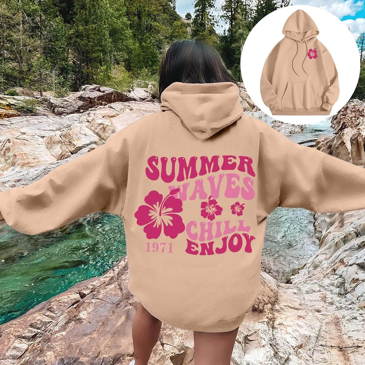 Pink Puff Hoodie For Women Oversized Summer Waves Chill Enjoy Letter Graphic Comfort Sweatshirts